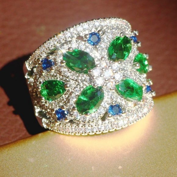NEW Silver Emerald Sapphire Diamond Wide Band Ring - Picture 3 of 7